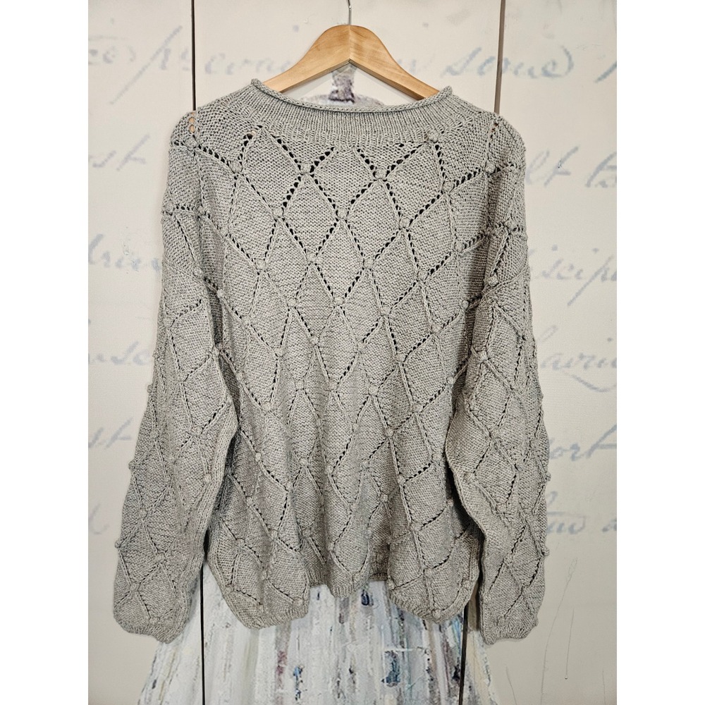 Rey‎ Wear Hand Knitted Sweater 2X Gray Diamond Pointelle Bobble Cotton Knit